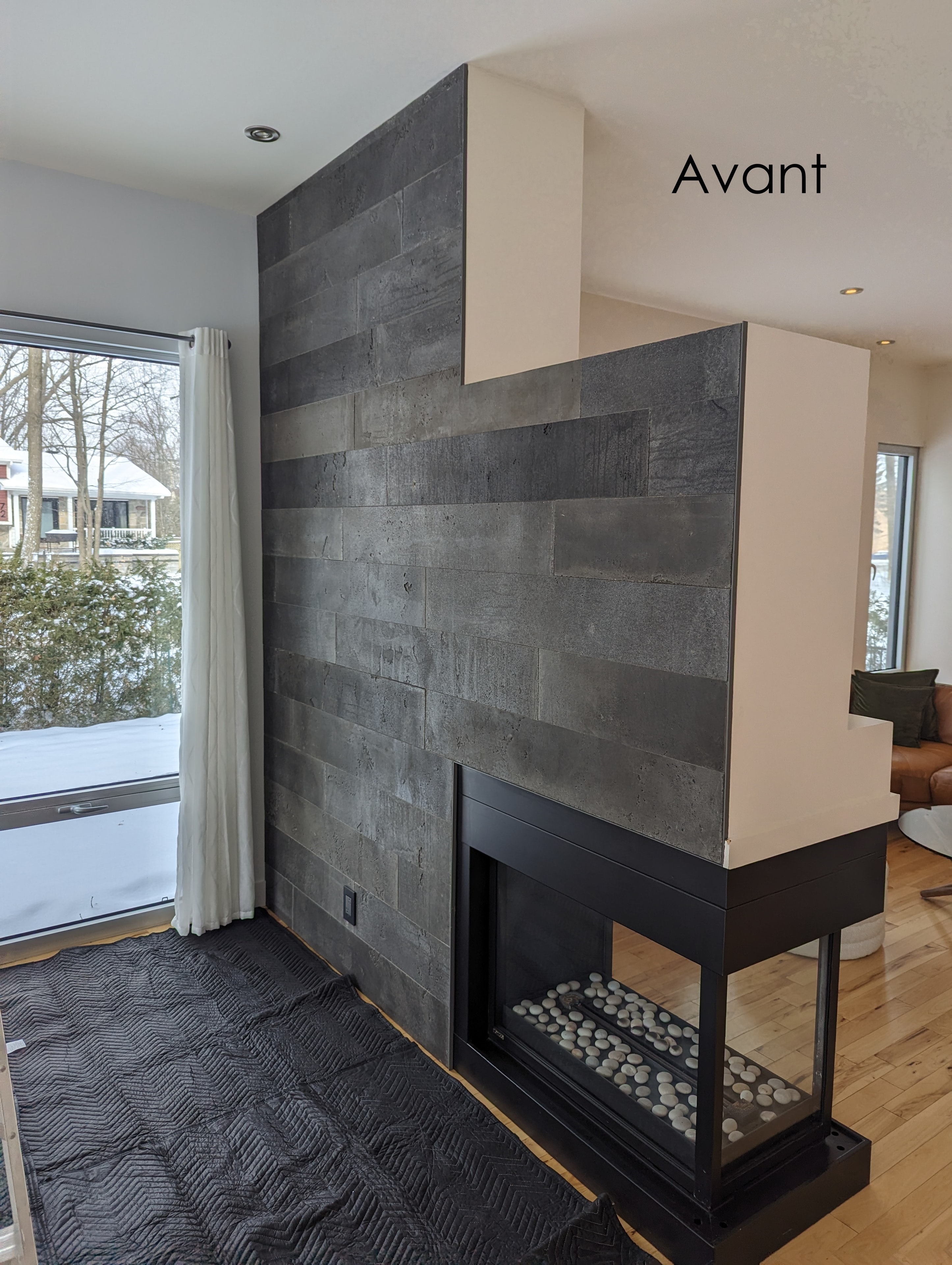 Fireplace before renovation, with light surround and stone — Sainte-Julie.